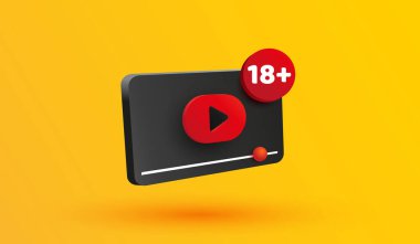18 yaş üstü işareti. Yetişkinlerin içerik simgesi. Video düğmesi 3d vektör simgesiyle 18 + yaş sınırlaması. Ortam oynatıcı işareti ya da abone simgesi