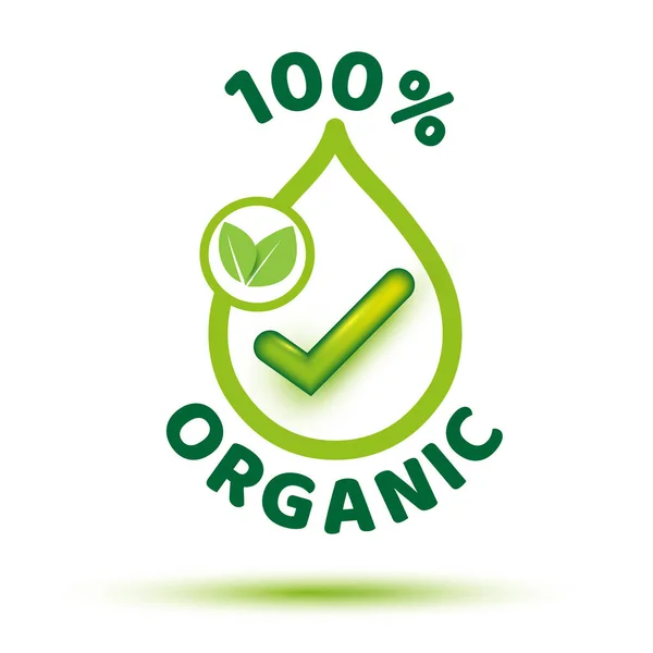 % 100 organik, organik biyolojik eczane ve doğal cilt ürünleri için beyaz zemin üzerine yeşil yaprak etiketi simgesi.