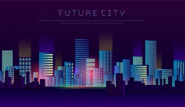 Futurista Cidade Noturna Com Luzes Néon Brilhantes Brilhantes Iluminadas Cyberpunk —  Vetores de Stock