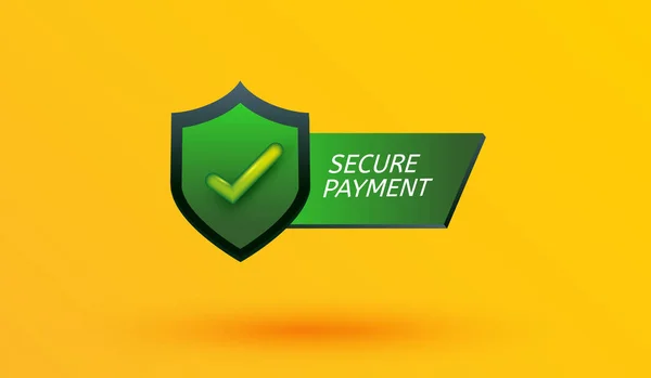 Sarı arka planda güvenli ödeme ikonu. Mobil bankacılık uygulamaları ve web sitesi konsepti 3d vektör illüstrasyon biçimi için para koruması çevrimiçi alışveriş işareti veya sembol tasarımı