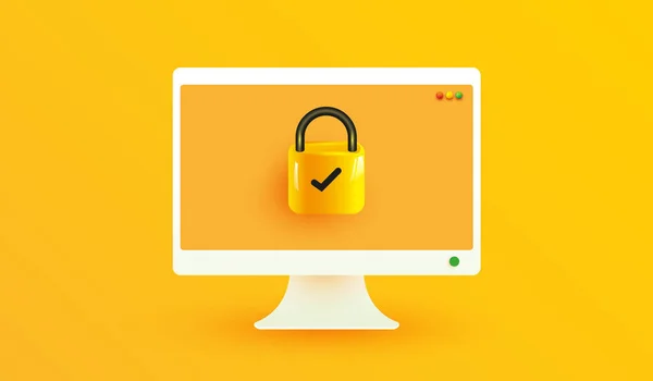 Bilgisayar güvenlik simgesi. Gezici uygulamalar ve web sitesi konsepti 3d vektör illüstrasyon biçimi için sarı arkaplan üzerindeki parola korumalı simge