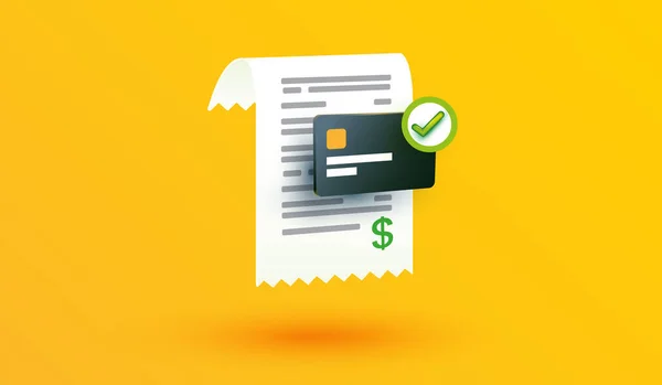 Sarı arka planda kredi kartı başarısı ile ödeme işlemi. Taşınabilir bankacılık uygulamaları ve web sitesi konsepti 3d vektör illüstrasyon biçimi için para onaylı çevrimiçi alışveriş işareti veya sembol tasarımı