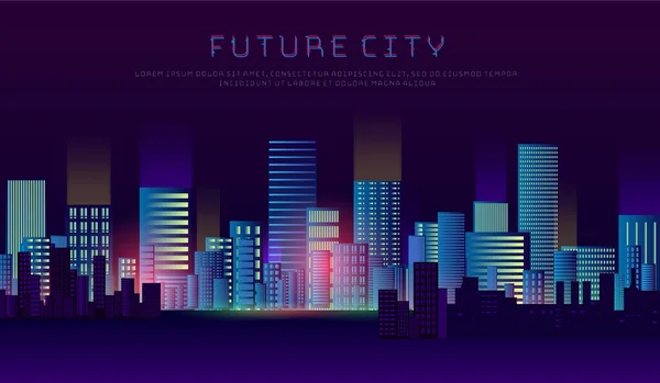 明るく輝くネオンが灯る未来的な夜の街 Cyberpunk Style Cityscape Pillustration — ストックベクタ