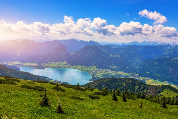Вид Озеро Вольфгангзее Горы Феберг Австрия Озеро Вольфгангзее Горах Альп — стоковое фото