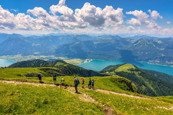 View of Wolfgangsee lake from Schafberg mountain, Austria. Wolfgangsee Lake from alp mountain Schafberg. Sankt St. Wolfgang im in Salzkammergut, Ried, Salzburgerland, Austria.