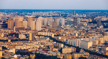 Paris, Fransa, Seine nehri şehir manzarası yaz renkleri ile şehrin üzerinde uçan kuşlar. Paris şehir havadan panoramik görünümü. Paris Fransa'nın başkenti ve en kalabalık şehridir. Paris Kartpostalı.