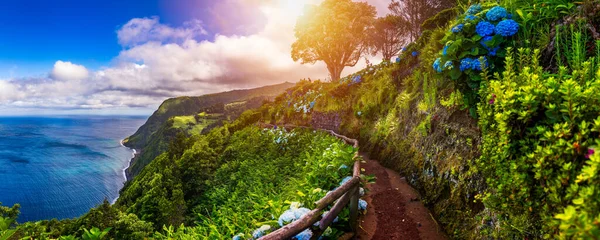 Güneşli bir günde Miradouro da Ponta do Sossego 'dan Ponta da Madrugada' ya bakan manzara, Sao Miguel. Ponta do Sossego 'nun bakış açısı. Sao Miguel, Azores, Portekiz.
