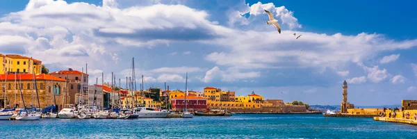 Vista Del Antiguo Puerto Chania Monumentos Isla Creta Grecia Bahía — Foto de Stock