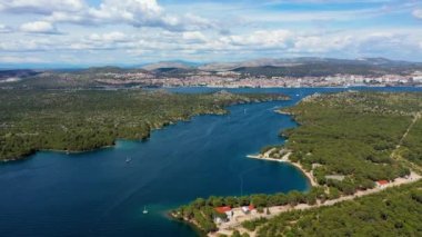 UNESCO town of Sibenik architecture and coastline, Dalmatia, Croatia. Aerial view of the city of Sibenik in the summer morning, Croatia
