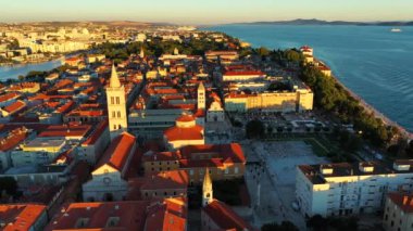 Aerial view of the Old Town of Zadar, Croatia. Aerial shot of Zadar old town, famous tourist attraction in Croatia. City of Zadar historic peninsula roman architecture aerial view, Croatia