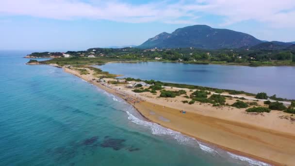 Aerial Drone View Halikounas Beach Lake Korission Corfu Island Ionian — Stockvideo