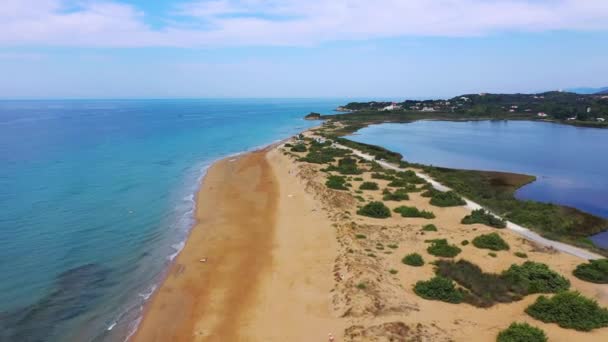 Aerial Drone View Halikounas Beach Lake Korission Corfu Island Ionian — Vídeos de Stock