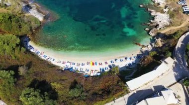 Aerial drone view north east coast with Kanoni, Mpataria and Pipitos beach, Island of Corfu, Greece. Mpataria, Kanoni and Pipitos beach at Corfu Greece during the day. 