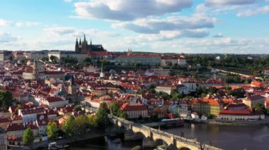 Prague scenic aerial view of the Prague Old Town pier architecture and Charles Bridge over Vltava river in Prague, Czechia. Old Town of Prague, Czech Republic.