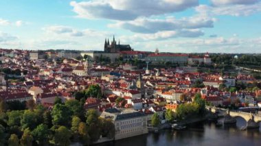 Prague scenic aerial view of the Prague Old Town pier architecture and Charles Bridge over Vltava river in Prague, Czechia. Old Town of Prague, Czech Republic.