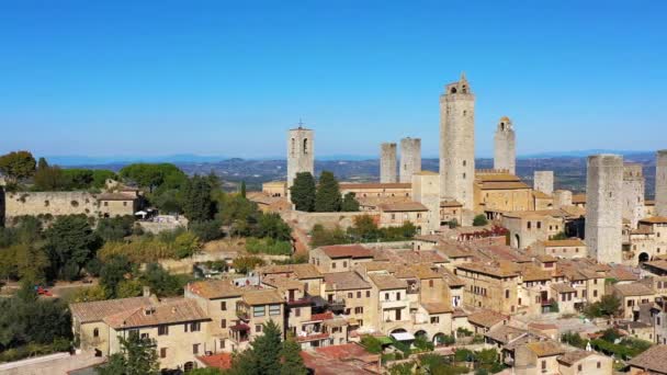 Town San Gimignano Tuscany Italy Its Famous Medieval Towers Aerial — Vídeos de Stock