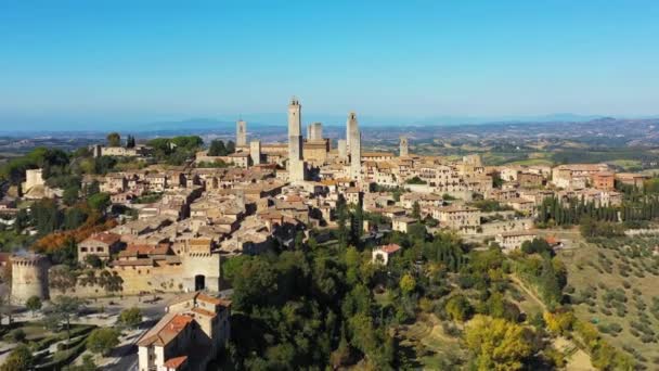Town San Gimignano Tuscany Italy Its Famous Medieval Towers Aerial — Vídeo de Stock