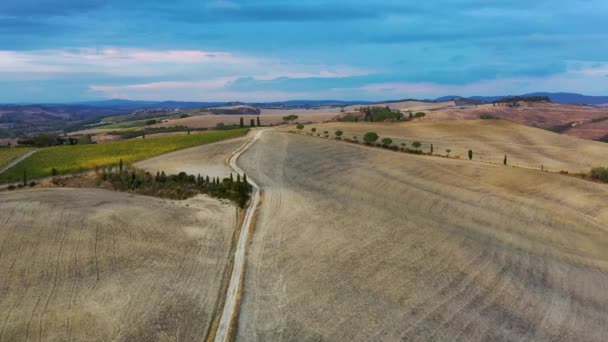 Bekende Toscaanse Landschap Met Graanvelden Cipressen Huizen Heuvels Bij Zonsondergang — Stockvideo