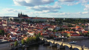 Prague scenic aerial view of the Prague Old Town pier architecture and Charles Bridge over Vltava river in Prague, Czechia. Old Town of Prague, Czech Republic.