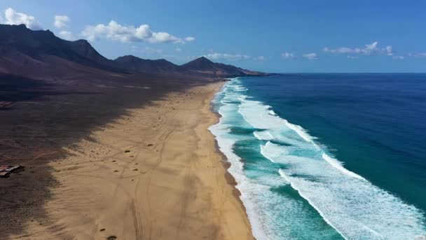 Strand Med Turkost Vatten Fuerteventura Spanien Kanarieöarna Flygfoto Över Sandstrand — Stockvideo