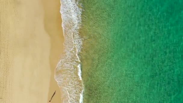 Widok Lotu Ptaka Białej Piaszczystej Plaży Pobliżu Morza Falami Wschodzie — Wideo stockowe