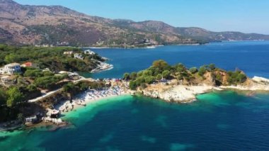 Aerial drone view north east coast with Kanoni, Mpataria and Pipitos beach, Island of Corfu, Greece. Mpataria, Kanoni and Pipitos beach at Corfu Greece during the day. 