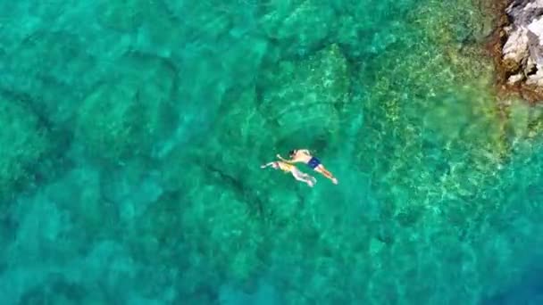 Flygfoto Ett Ungt Par Som Snorklar Ovanför Korallrevet Och Når — Stockvideo