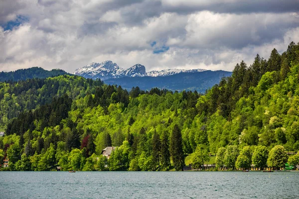 Lago Bled Eslovénia Lindo Lago Montanha Com Belas Casas Costa — Fotografia de Stock