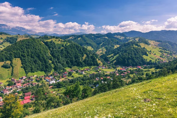 Verano Alpino Transilvania Hito Paisaje Con Campos Verdes Valles Altas — Foto de Stock