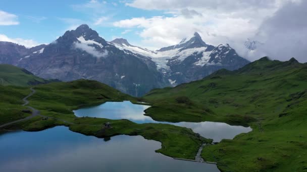Bachalpsee Bij Zonsopgang Berner Oberland Zwitserland Alpenzicht Schreckhorn Wetterhorn Ligging — Stockvideo