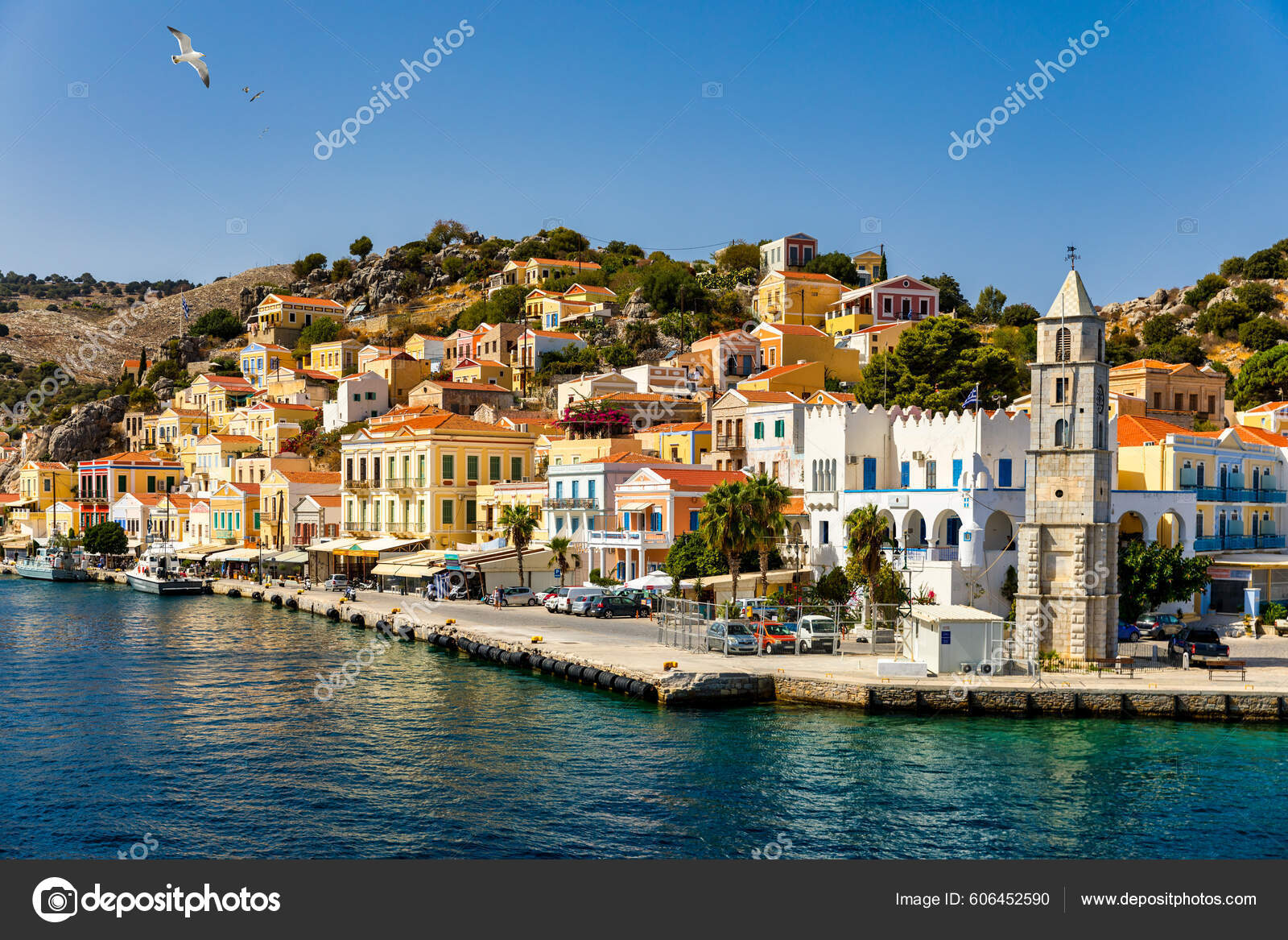 View Beautiful Greek Island Symi Simi Colourful Houses Small Boats.