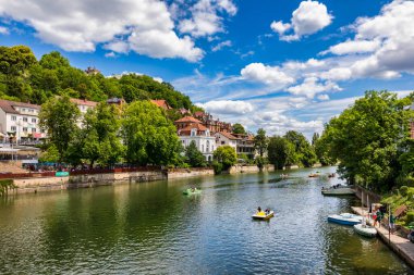 Picturesque town of Tuebingen with colourful half-timbered houses, crossed by the river Neckar. Houses at river Neckar and Hoelderlin tower, Tuebingen, Baden-Wuerttemberg, Germany. Tubingen, Germany. 