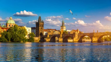 Prag'ın eski şehri. Çek Cumhuriyeti nehir Vltava üzerinde Charles Köprüsü silueti üzerinde. Kırmızı çatılı Prag panorama manzara manzarası. Petrin Tepesi'nden Prag manzarası, Prag, Çekya.