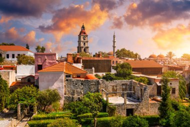 Panoramic view of Rhodes old town on Rhodes island, Greece. Rhodes old fortress cityscape. Travel destinations in Rhodes, Greece.