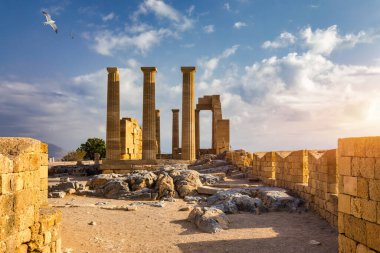 Ruins of Acropolis of Lindos view, Rhodes, Dodecanese Islands, Greek Islands, Greece. Acropolis of Lindos, ancient architecture of Rhodes, Greece. 