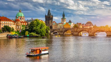 Charles Bridge sunset view of the Old Town pier architecture, Charles Bridge over Vltava river in Prague, Czechia. Old Town of Prague with Charles Bridge, Prague, Czech Republic.