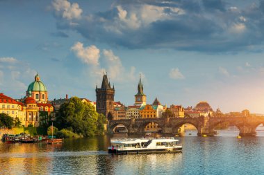 Charles Bridge sunset view of the Old Town pier architecture, Charles Bridge over Vltava river in Prague, Czechia. Old Town of Prague with Charles Bridge, Prague, Czech Republic.