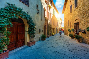 Cozy street decorated with colorful flowers, Pienza, Tuscany, Italy, Europe. Narrow street in the charming town of Pienza in Tuscany. Beautiful streets of the small and historic village Pienza, Italy