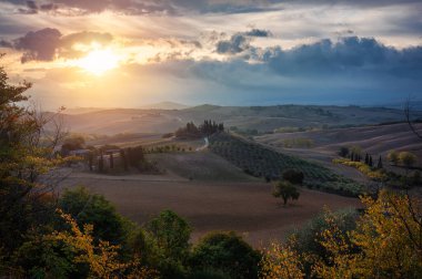 Tanınmış Toskana manzarası tahıl tarlaları, selvi ağaçları ve gün batımında tepelerde evler. Tuscany, İtalya ve Avrupa 'da kıvrımlı yolu olan yaz kırsal arazisi