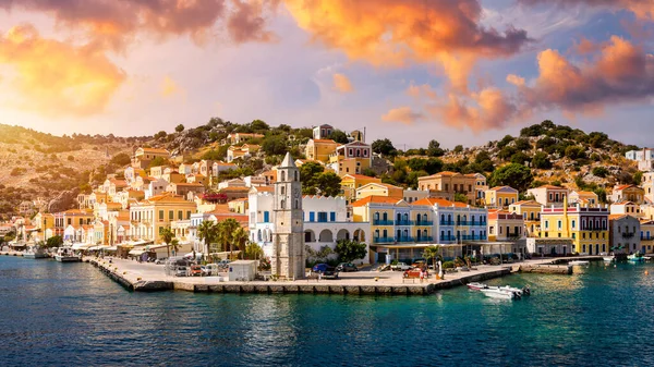 View Beautiful Greek Island Symi Simi Colourful Houses Small Boats — Stock fotografie