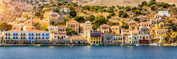 View Beautiful Greek Island Symi Simi Colourful Houses Small Boats —  Fotos de Stock