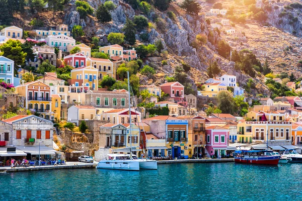 View Beautiful Greek Island Symi Simi Colourful Houses Small Boats — Stock Fotó