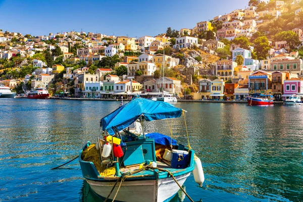 View Beautiful Greek Island Symi Simi Colourful Houses Small Boats —  Fotos de Stock