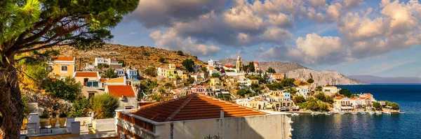 View Beautiful Greek Island Symi Simi Colourful Houses Small Boats —  Fotos de Stock