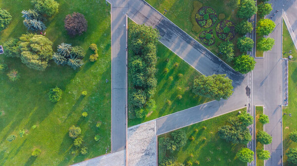 Pedestrian paths in Victory Park from a height, Moscow