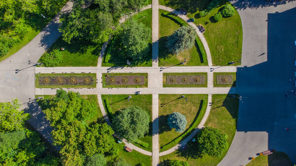 Park in summer from a height, university grove in Tomsk in front of Tomsk State University, city of Russia