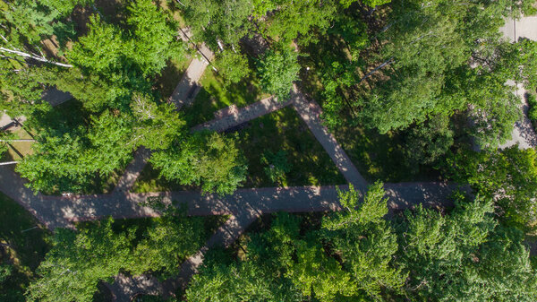 Summer walking paths in the park of Tomsk from a height, the city of Russia