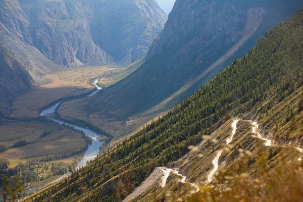 Widok Dolinę Chulyshman Przełęcz Katu Yaryk Republika Gorny Altai Rosja — Zdjęcie stockowe