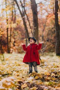 Kırmızı ceketli küçük kız sonbahar ormanında eğleniyor.