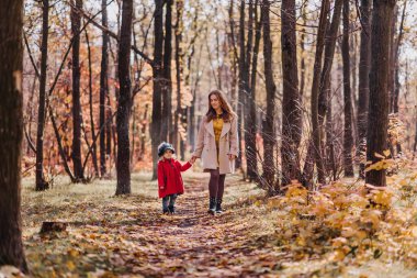 Mom and daughter in a red coat walk in forest in autumn